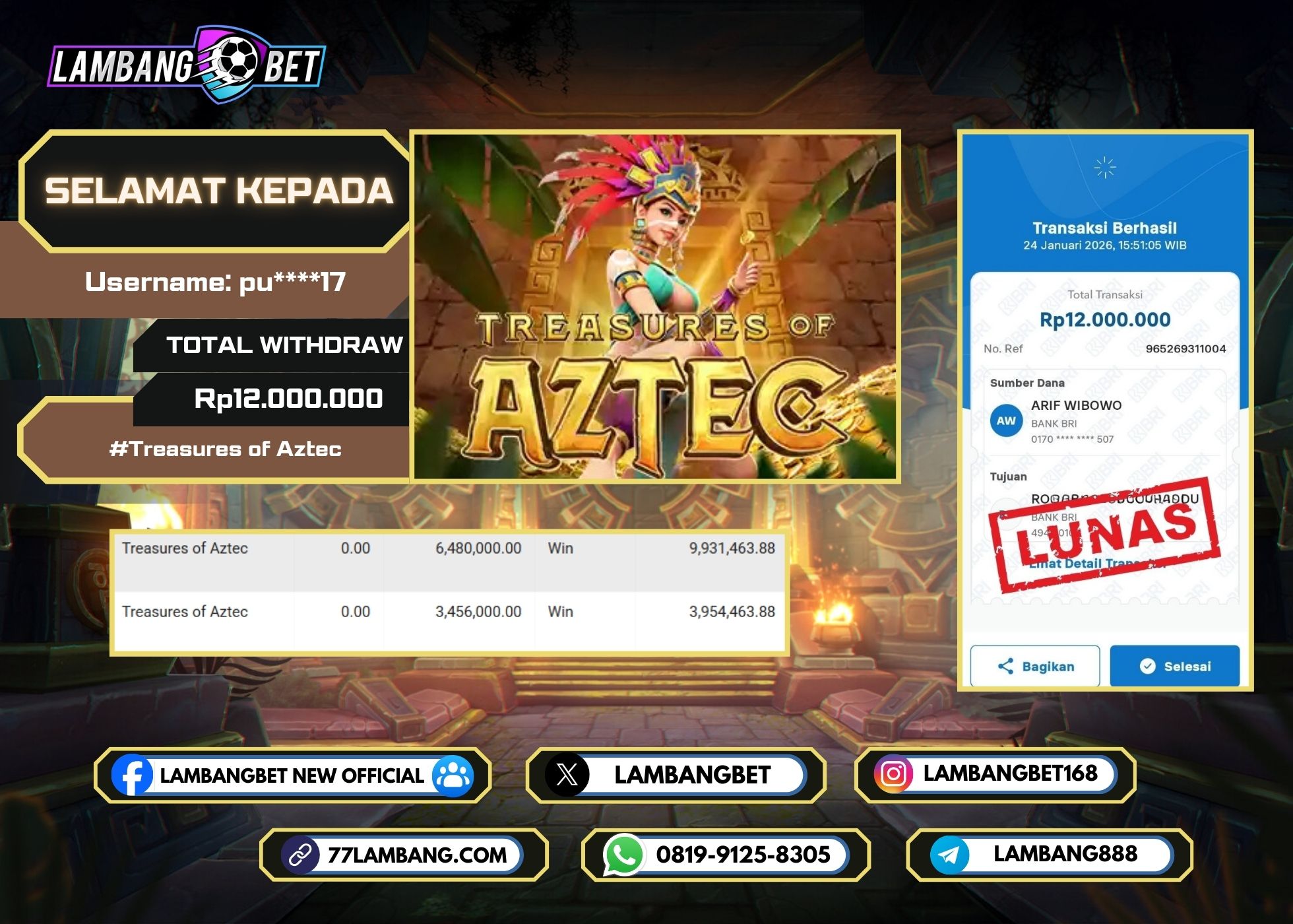 LAMBANGBET [24 JANUARI 2026] JACKPOT SLOT Treasures of Aztec "Rp12.000.000" LUNAS